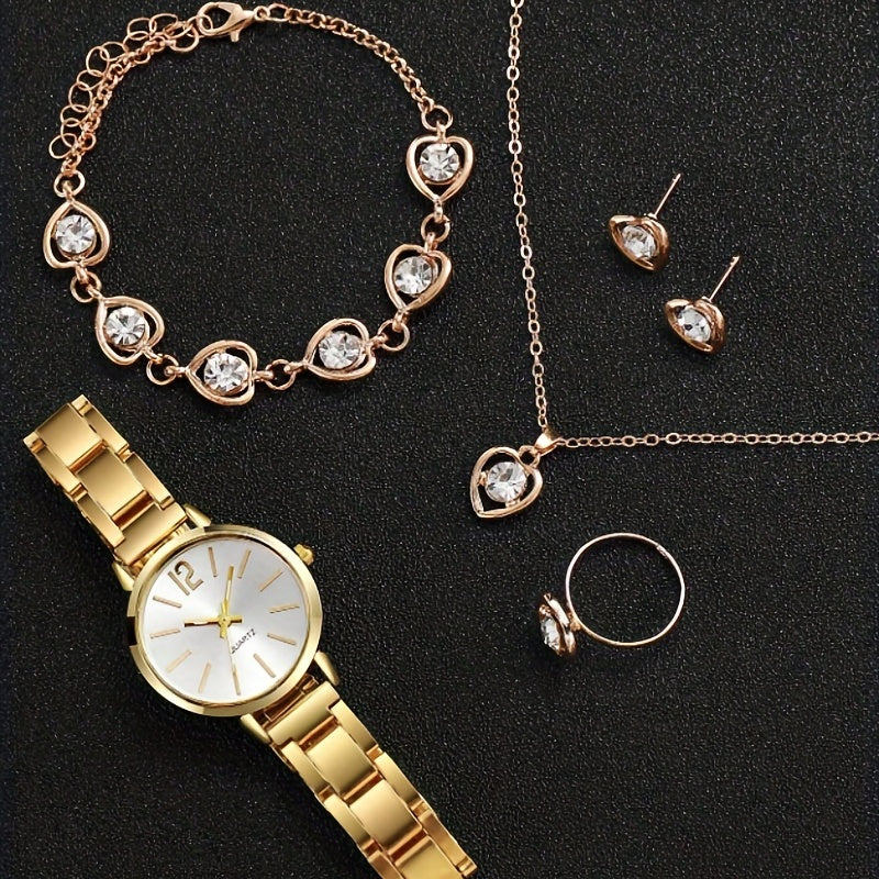 Zinc Alloy Round Pointer Quartz Watch & 5pcs Jewelry Set