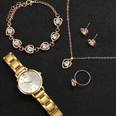 Zinc Alloy Round Pointer Quartz Watch & 5pcs Jewelry Set