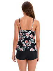 Tiered Layer Ruffled Tankini Set Scoop Neck Boxer Shorts 2 Piece Swimsuit