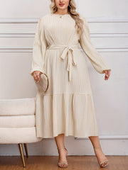  Solid Long Sleeve Midi Dress with Belt