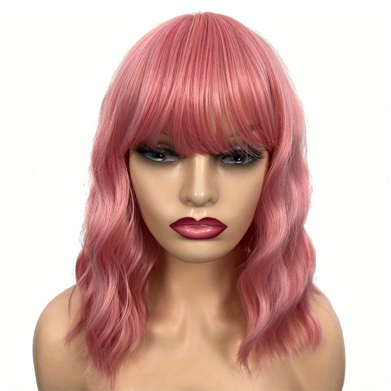35 56 Cm Pink Body Wave Hair Wigs With Bangs Shoulder Length Short Bob Wavy Wigs