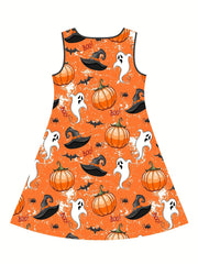 Girls Pumpkin & Ghost Sleeveless Dress Round Neck Halloween Casual Dress
