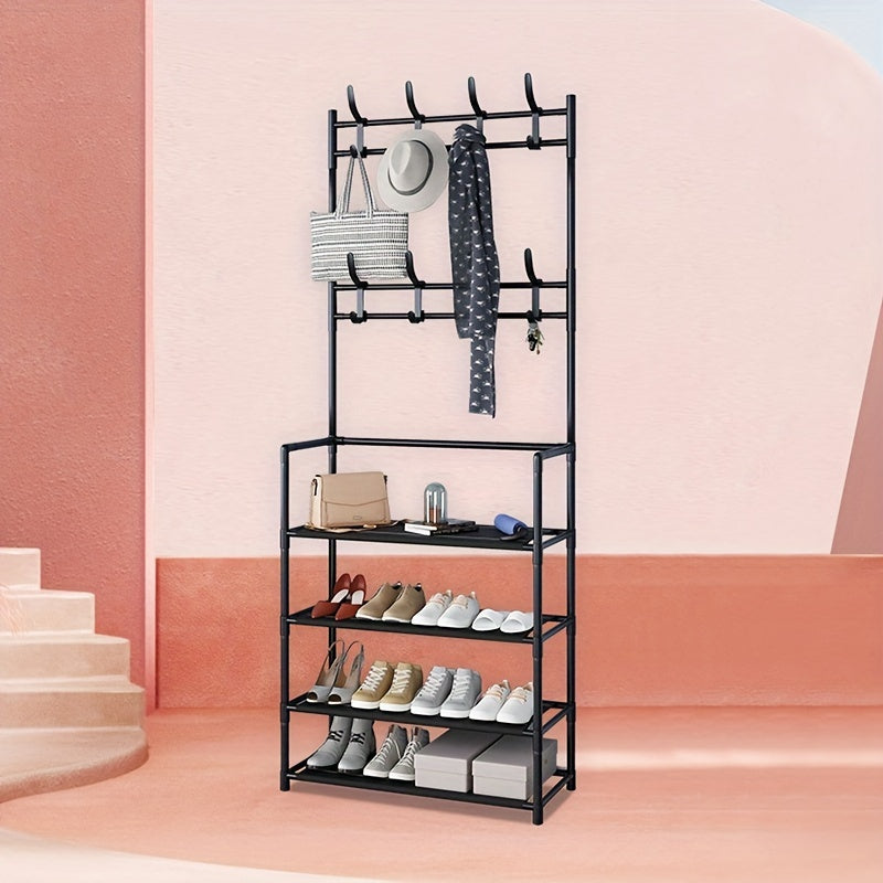 1pc Foyer Shoe Rack Standing Coat Rack w/ Storage Shelves & Hooks