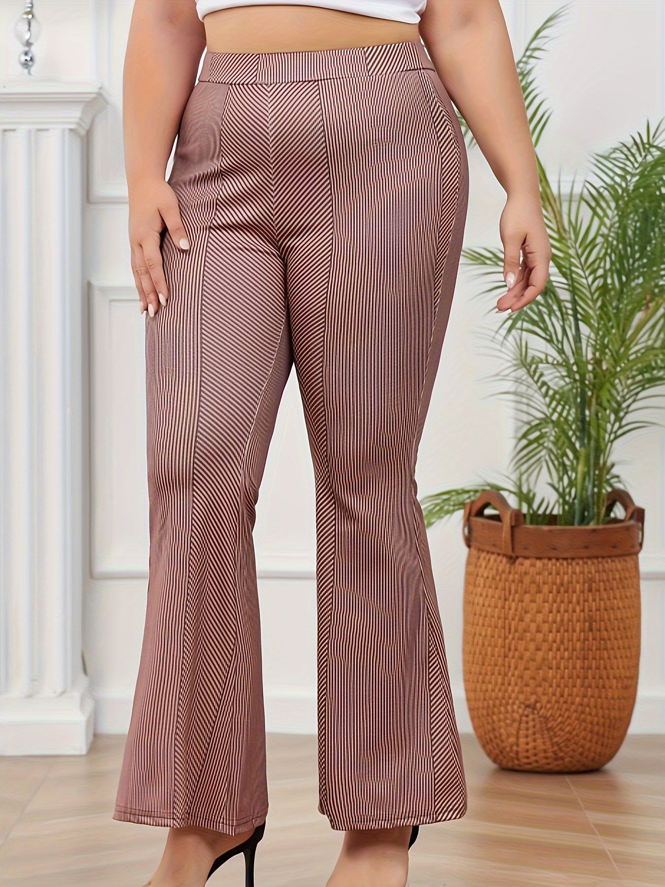 Casual Pants Women's Plus Stripe Print High Rise Flared Leg Trousers