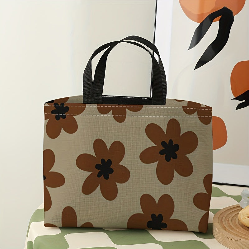 Brown Flowers Printed Lunch Bag Large Capacity Waterproof Food Insulated Bag