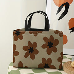 Brown Flowers Printed Lunch Bag Large Capacity Waterproof Food Insulated Bag