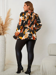  Floral Print Ruffle Trim Lantern Sleeve Peplum Top