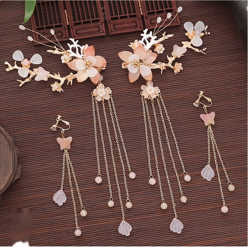 Chinese Style Flower Hair Clips & Earrings Set