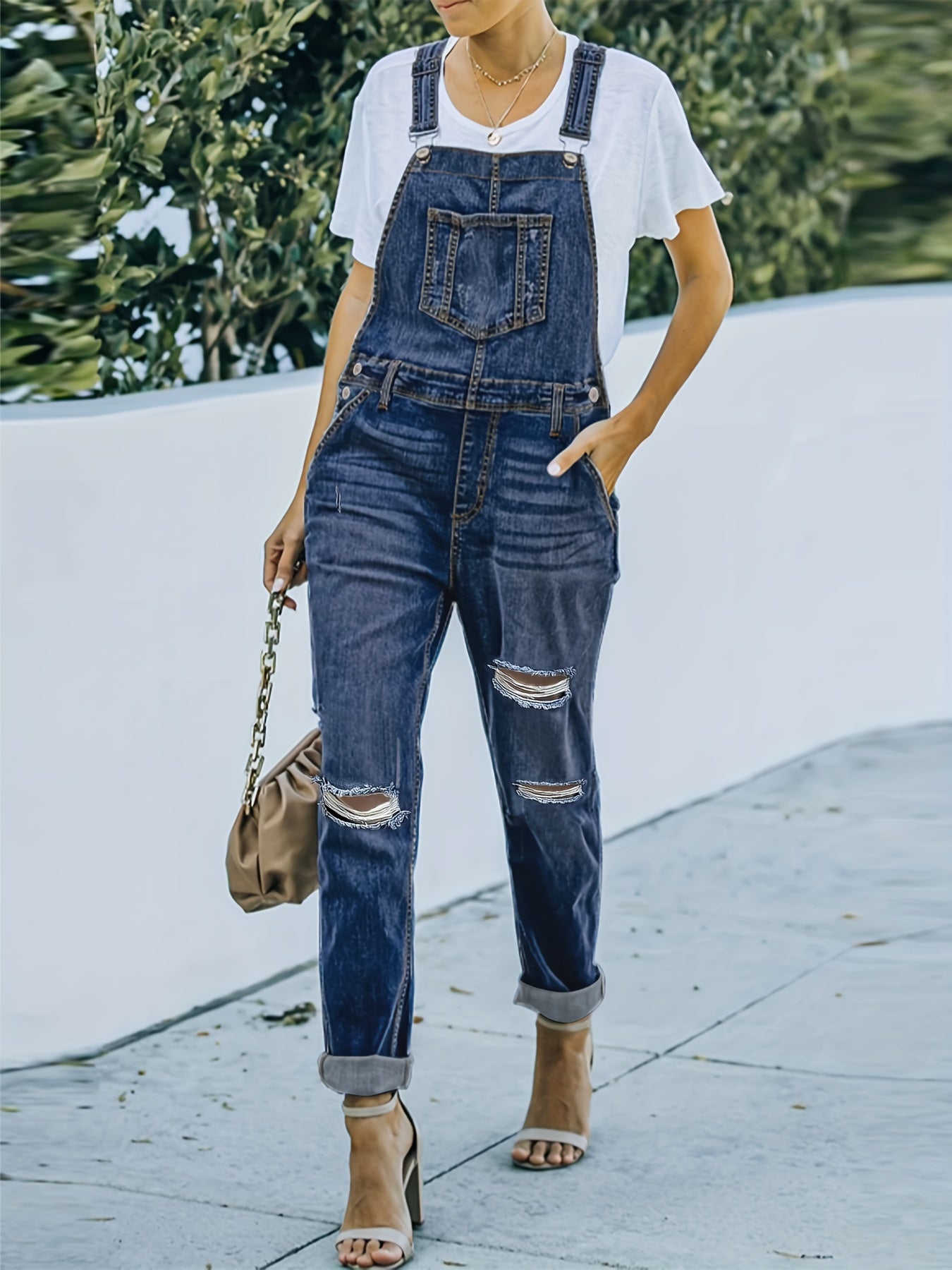  Washed Pipping Buckle Ripped Denim Overalls