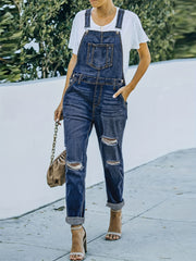  Washed Pipping Buckle Ripped Denim Overalls