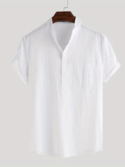 Men's Cotton Comfy Shirt Short Sleeve Crew Neck Pockets Shirt