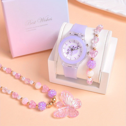 3pcs Set Girls Butterfly Quartz Watch LED Flashing Luminous Wristwatches