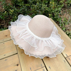 Ruffles Wide Brim Sun Hat Lace Straw Floppy Hat
