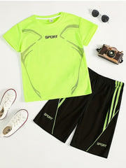 2pcs Boys Sport Outfit Short Sleeves Round Neck T shirt & Shorts Casual