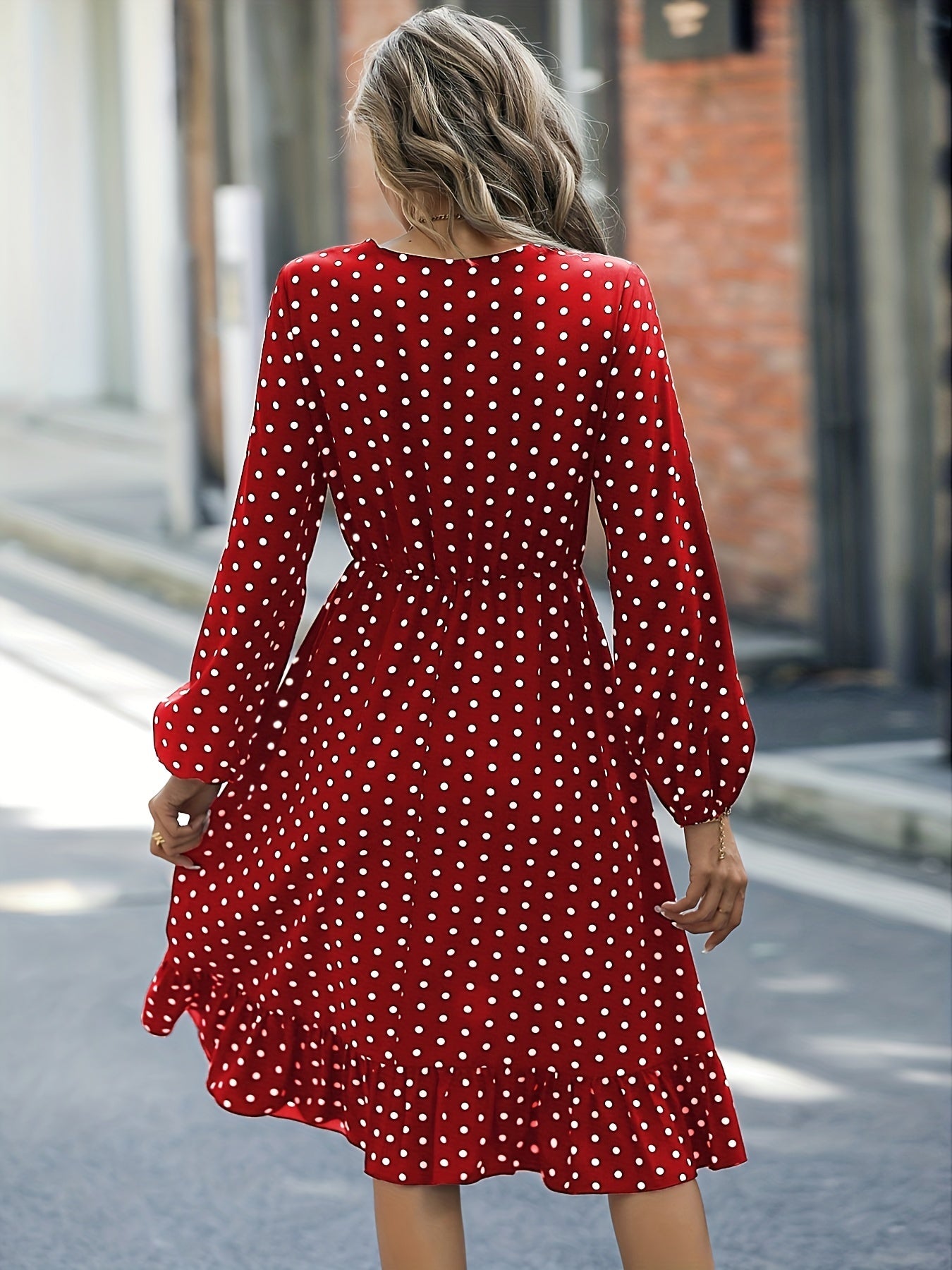 Polka Dot Ruffle Dress V Neck Long Sleeve Loose Fit Summer Women's Clothing