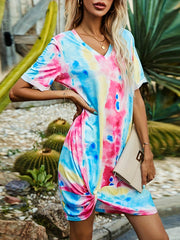 Tie Dye Twist Front V Neck Dress Short Sleeve Casual Summer Women Clothing