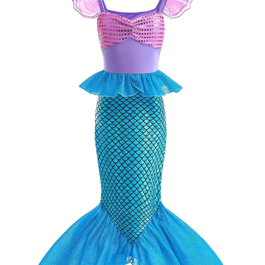 Girls Block Ruffle Trim Mermaid Princess Dress Costume Dress Up