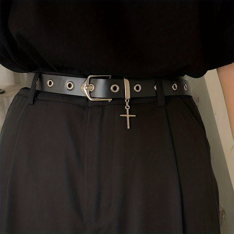 Men's Leather Belt with Cross Decoration for Jeans