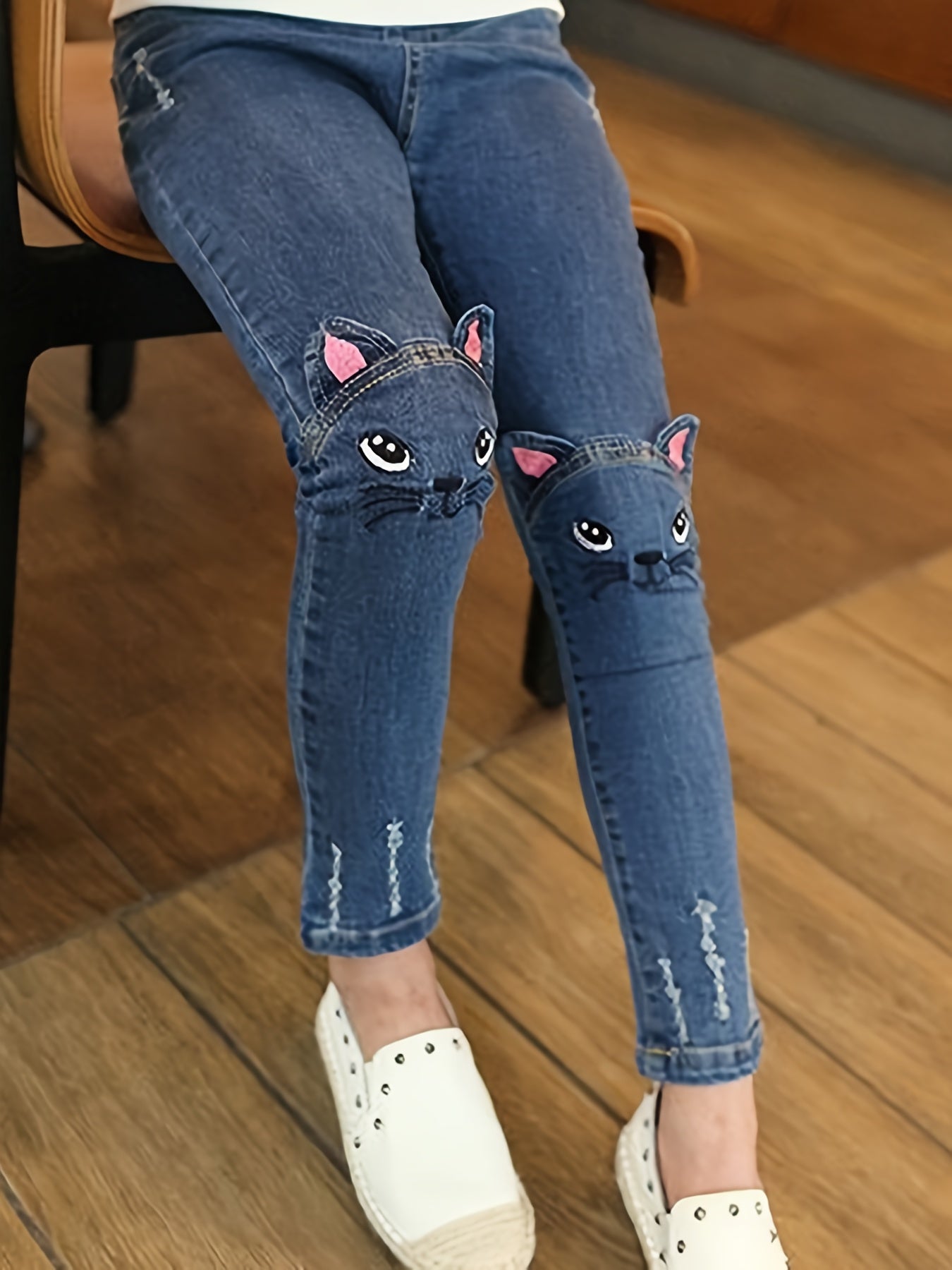 Boys Ripped Skinny Jeans Cat Design Tasseled Denim Pants