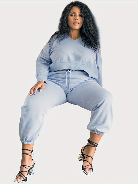  V Neck Pullover Top & Joggers Outfits Set