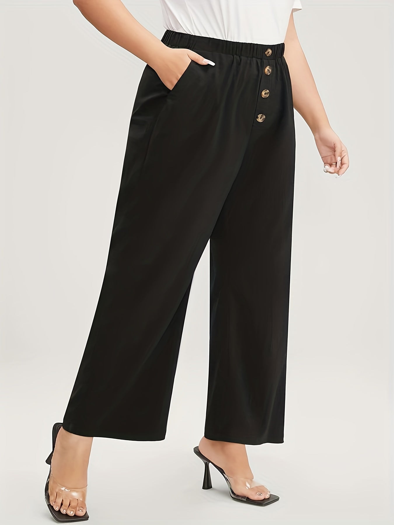  Casual Pants Women's Plus Plain Button Decor Elastic Straight Leg Pant