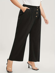  Casual Pants Women's Plus Plain Button Decor Elastic Straight Leg Pant