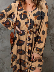 Women's Plus Leopard Print Lantern Sleeve Round Neck Casual Dress