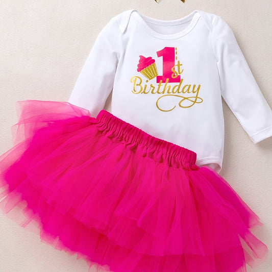 3pc Baby Girls Long Sleeve Onesie Set with Mesh Skirt & Headband