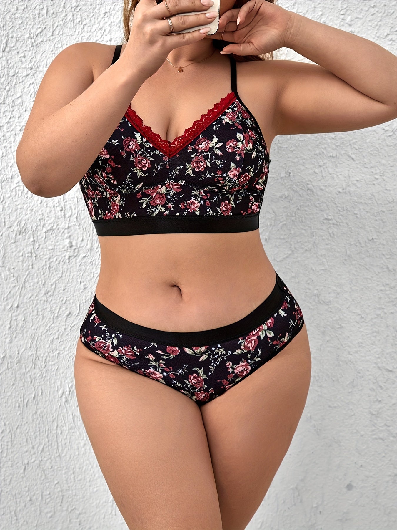 Floral Print Plus Size Lingerie Set for Women