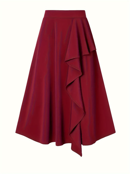  Solid High Waist Ruffled A Line Skirt