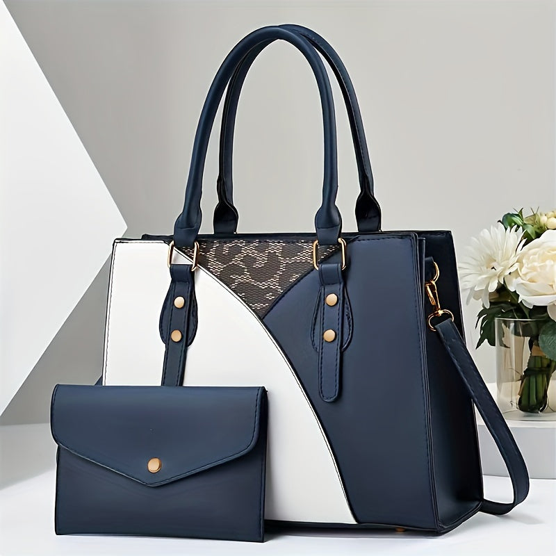 Colorblock Women's Tote Bag Set With Envelope Clutch