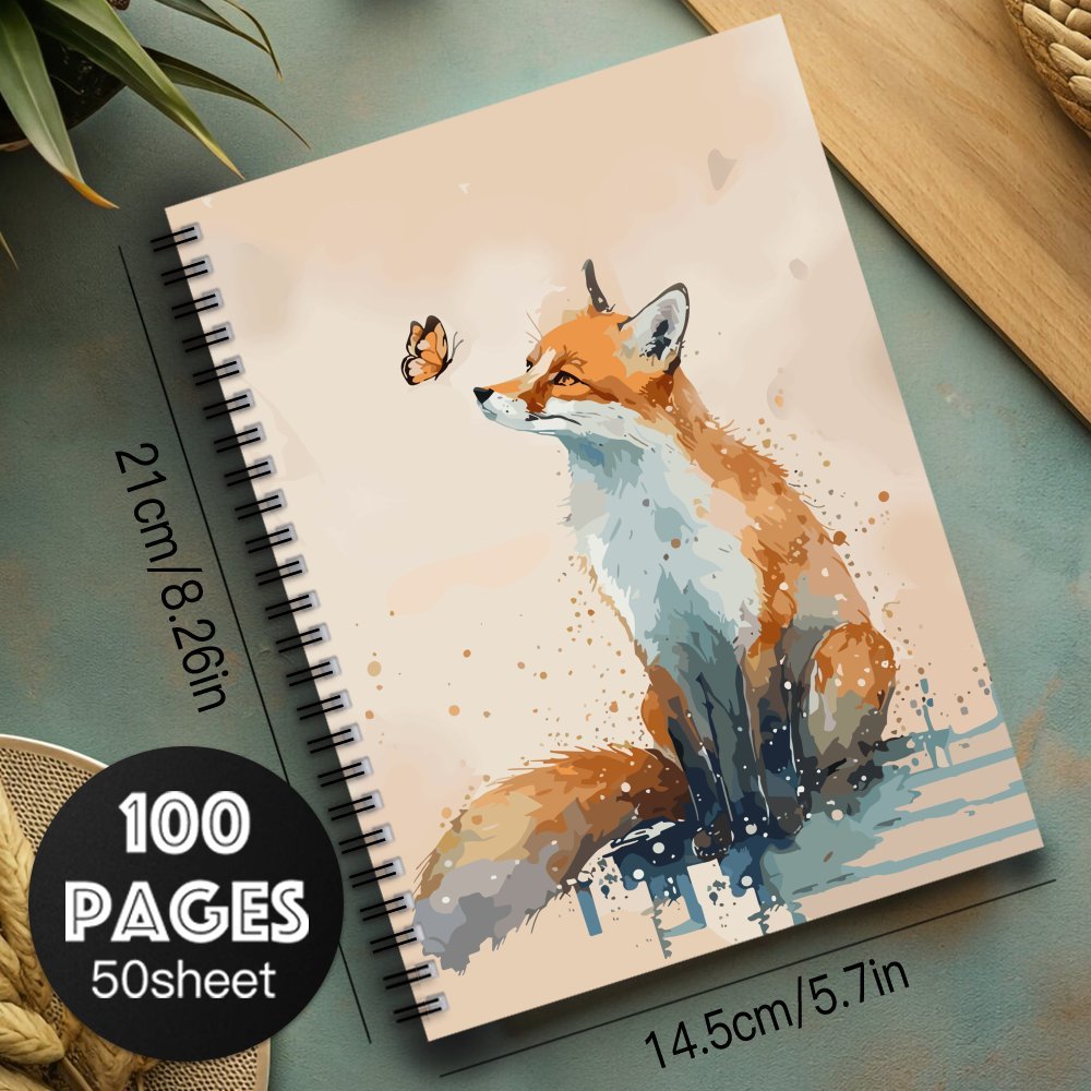 Watercolor Fox Spiral Notebook - Vibrant Fox & Butterfly - 100 Pages