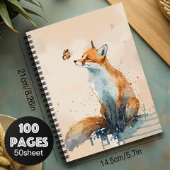 Watercolor Fox Spiral Notebook - Vibrant Fox & Butterfly - 100 Pages