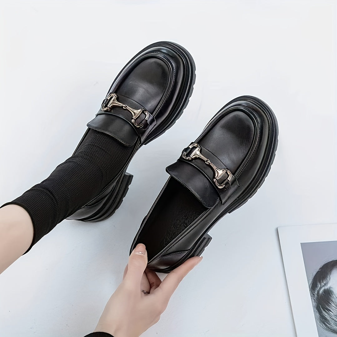 Women's Chunky Heel Loafers Slip On Faux Leather Shoes