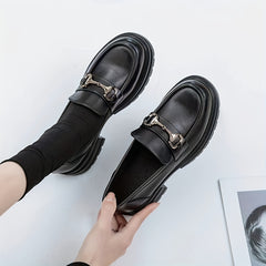Women's Chunky Heel Loafers Slip On Faux Leather Shoes