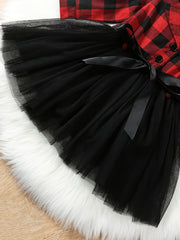 Christmas Plaid Long Sleeve Tutu Dress For Girls