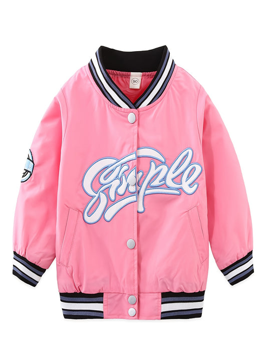 Girls Casual Letter Striped Baseball Jacket