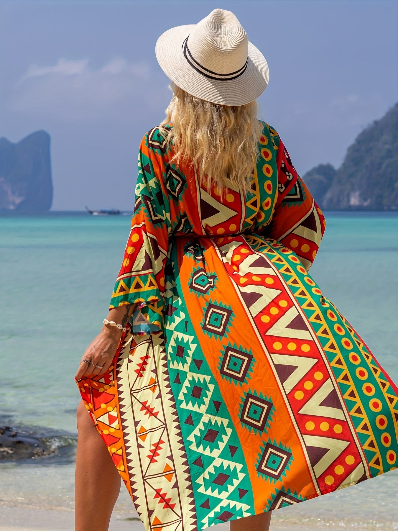  Tribal Print Half Sleeve V Neck Cover Up Robe