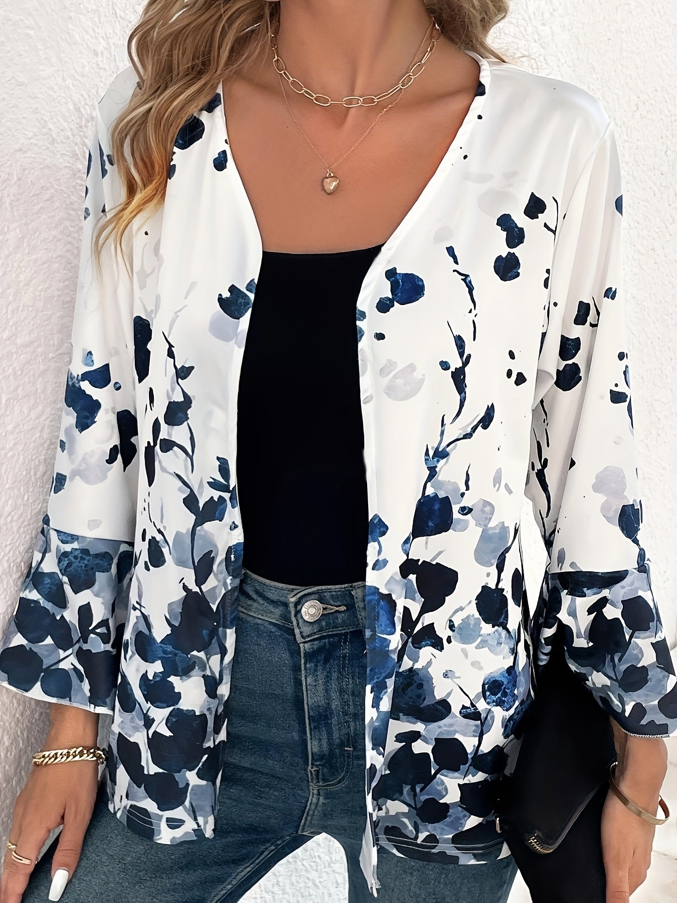  Floral Print Bell Sleeve Open Front Cardigan