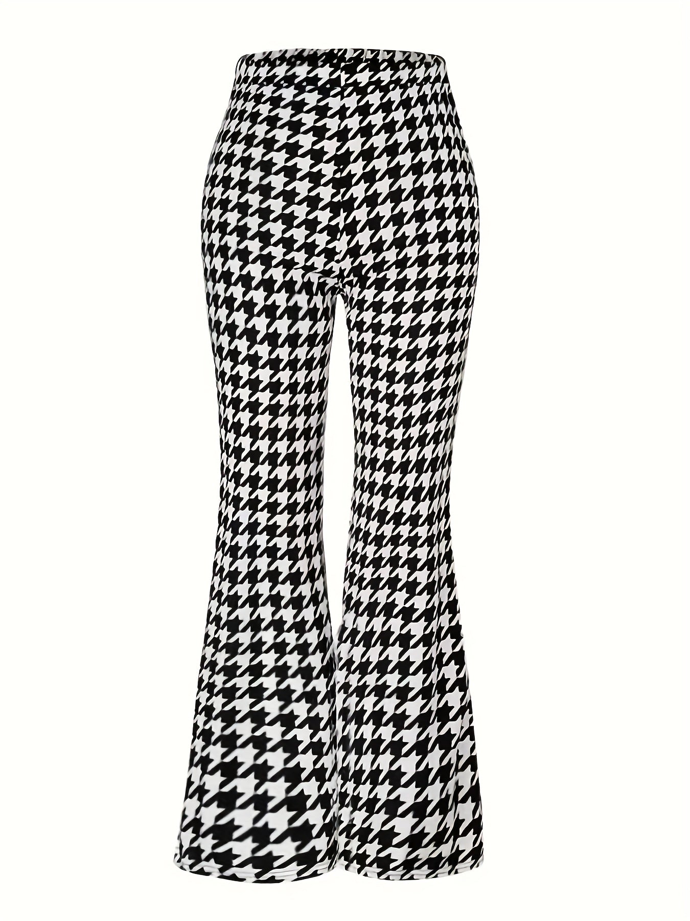  Houndstooth Print High Rise Flared Leg Trousers