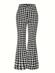  Houndstooth Print High Rise Flared Leg Trousers