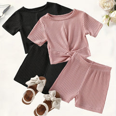 2pcs Toddler Girls Clothes Knot Front Tee Shorts Set