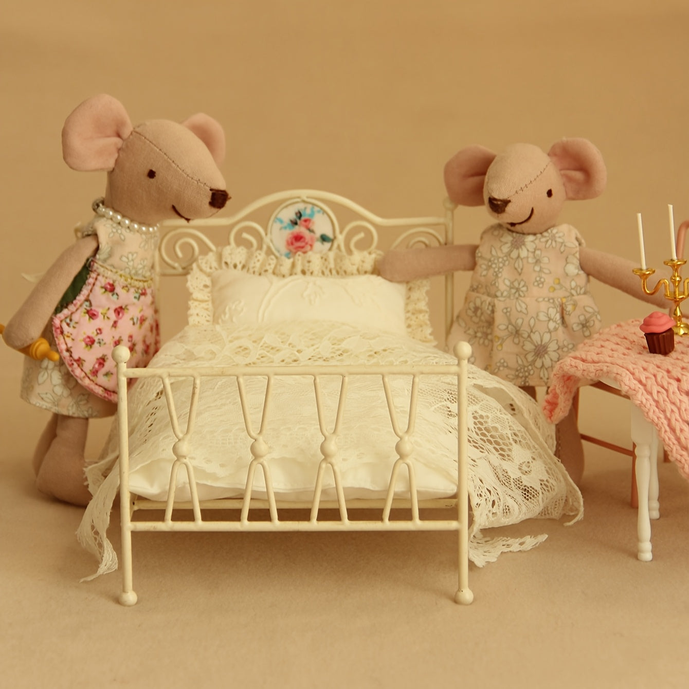 Vintage Iron Bed w/ Floral Headboard & Pink Blanket