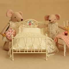 Vintage Iron Bed w/ Floral Headboard & Pink Blanket