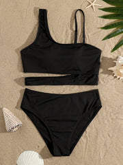 Solid Cut Out Bikini Sets High Cut Two Pieces Swimsuit Women's Swimwear