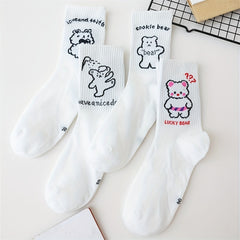 4 Pairs Cartoon Bear Print Socks Women's Mid Tube Stockings