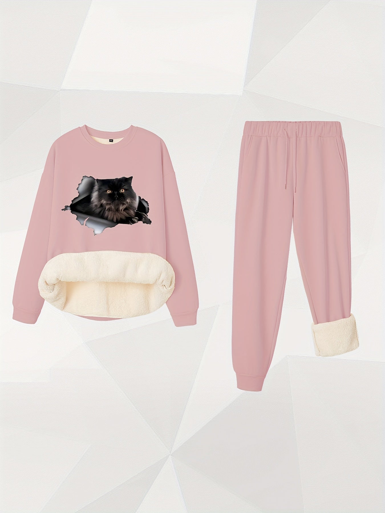 Women's Plus 3D Cat Print Fleece Top & Joggers Set
