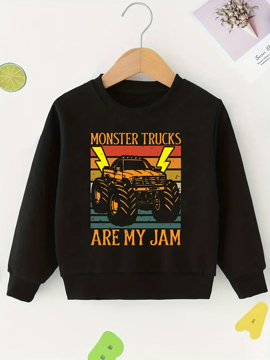 Colorful Monster Truck Print Boys Casual Pullover Sweatshirt