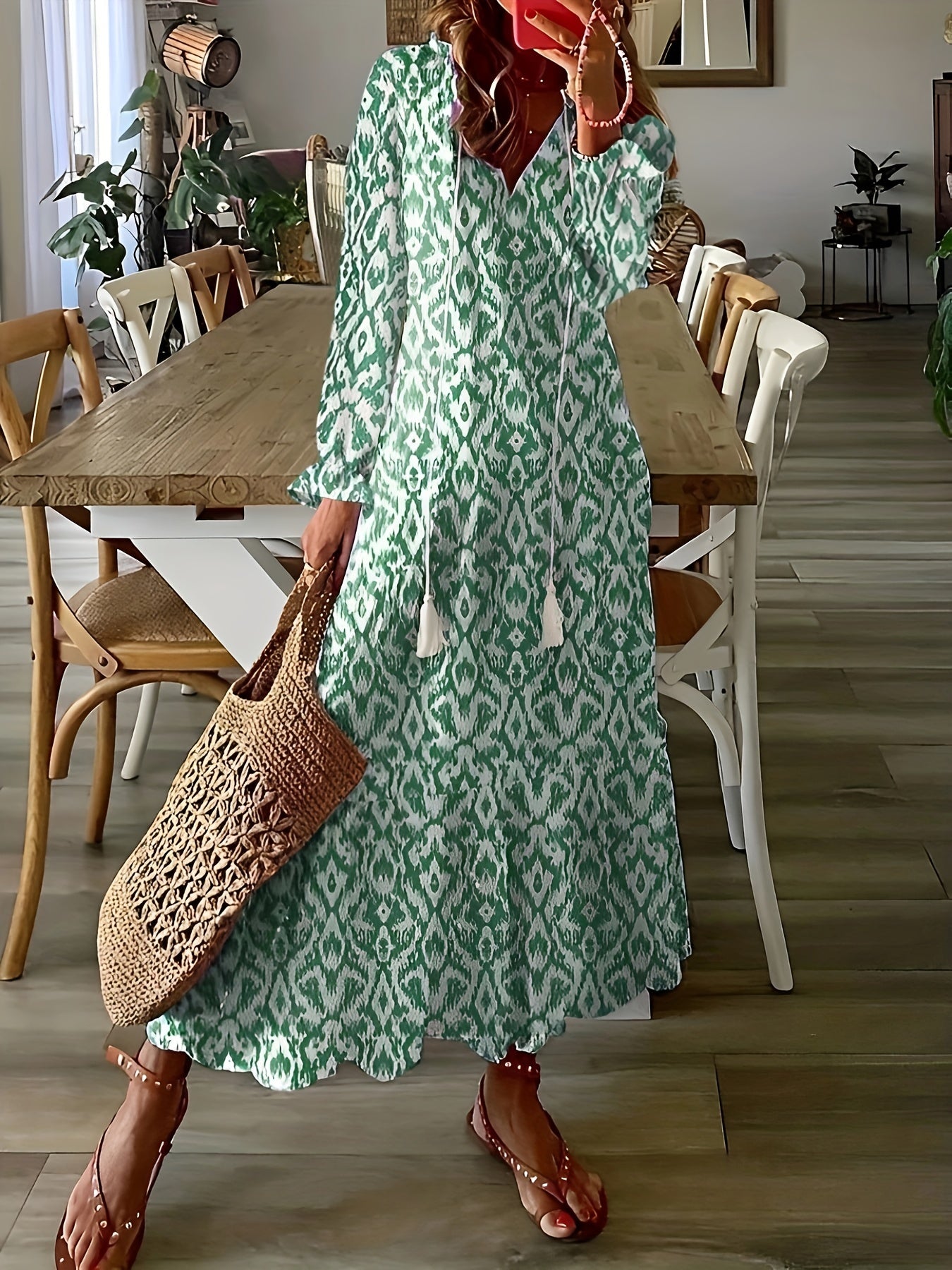  Boho Maxi Dress Allover Print Flounce Sleeve V Neck Smock