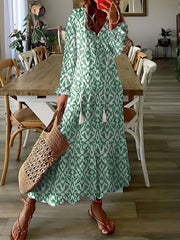  Boho Maxi Dress Allover Print Flounce Sleeve V Neck Smock